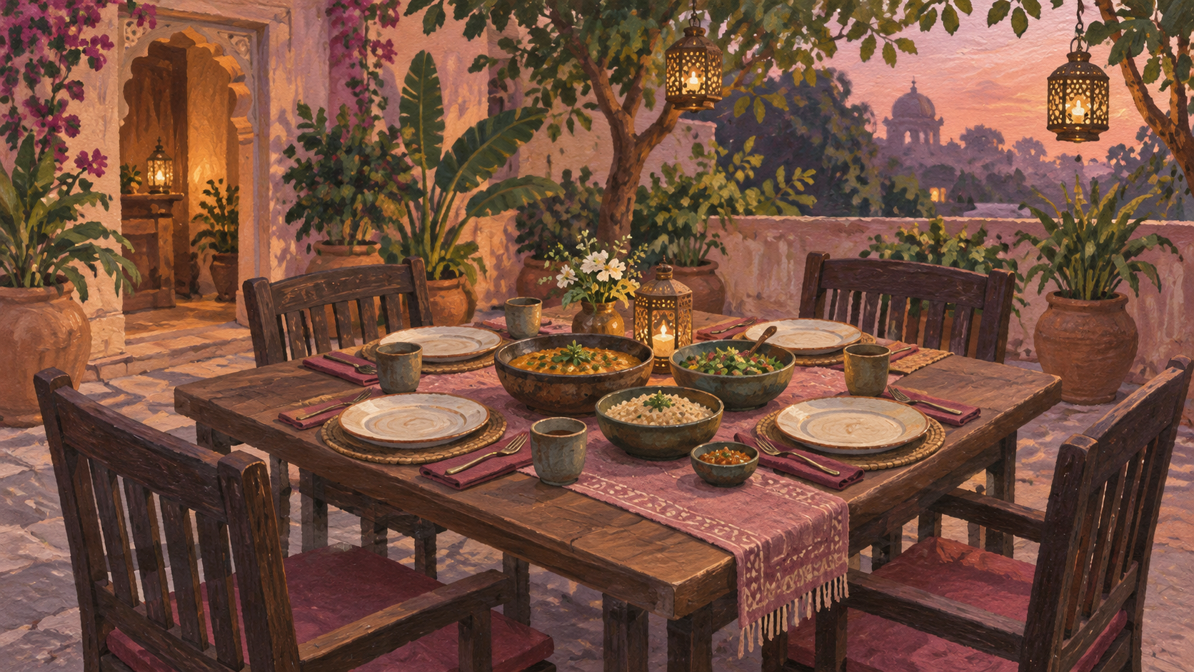 Illustration of individual place settings and shared bowls on a courtyard dining table with empty chairs.