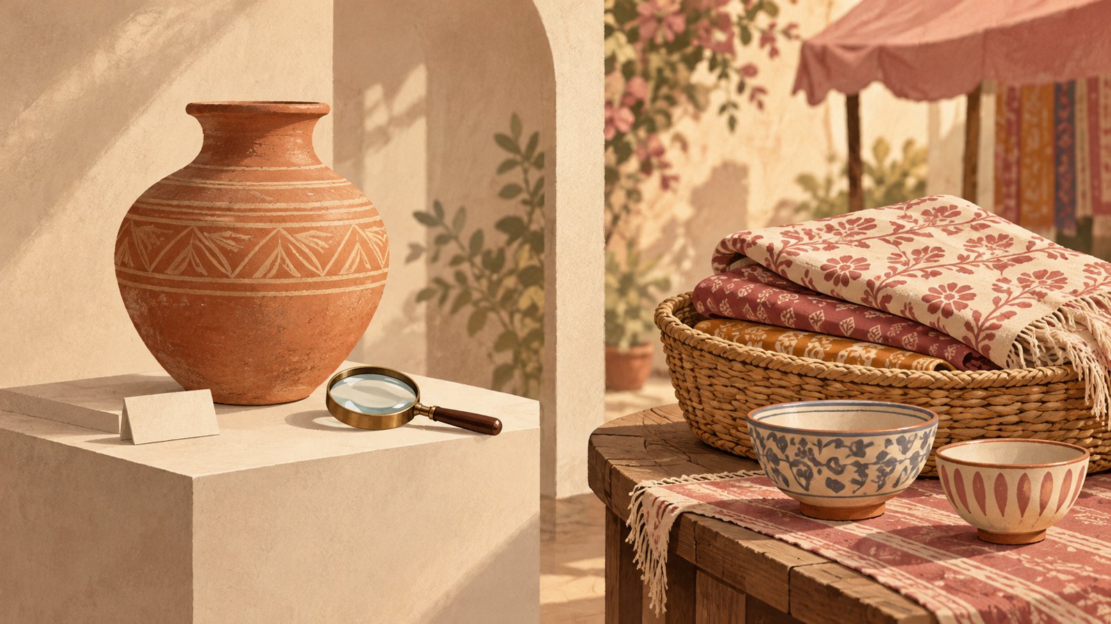 AI illustration contrasting a displayed clay vessel with textiles and bowls on a market table