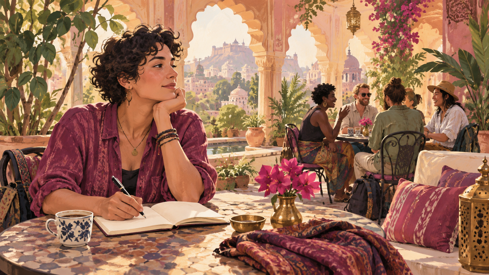 Original editorial illustration of fictional travellers in an imagined India travel setting