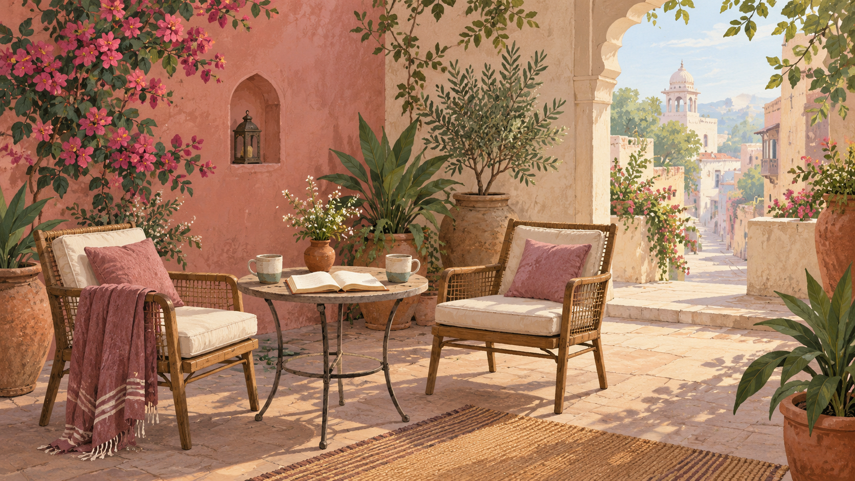 Editorial illustration of two empty chairs, a book and cups in an imagined leafy courtyard.