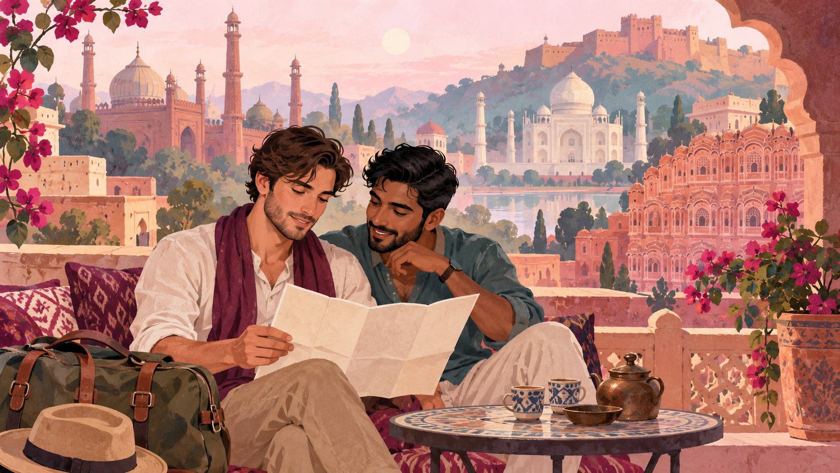 Original painted illustration of two fictional adult partners reviewing an itinerary with an abstract Indian architectural backdrop