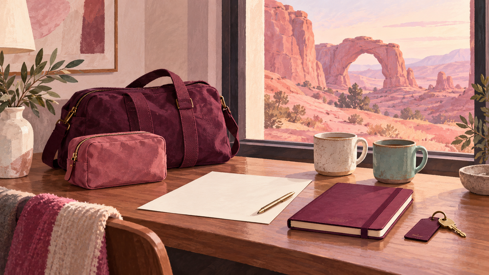 Painted still life of two travel bags and an unmarked itinerary on a quiet hotel-room desk